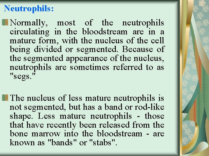 Neutrophils: Normally, most of the neutrophils circulating in the bloodstream are in a mature