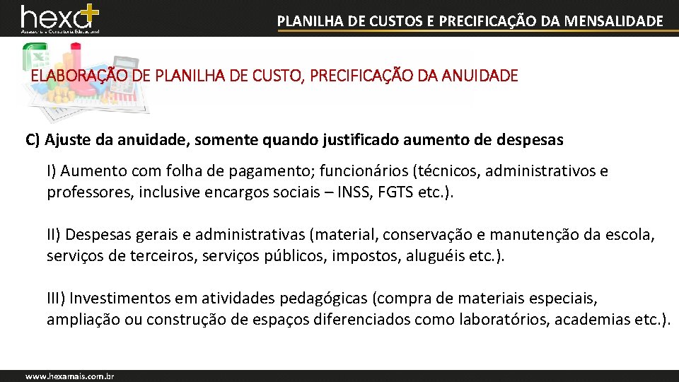 PLANILHA DE CUSTOS E PRECIFICAÇÃO DA MENSALIDADE ELABORAÇÃO DE PLANILHA DE CUSTO, PRECIFICAÇÃO DA