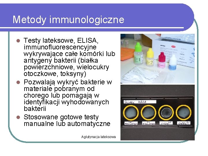 Metody immunologiczne Testy lateksowe, ELISA, immunofluorescencyjne wykrywające całe komórki lub antygeny bakterii (białka powierzchniowe,