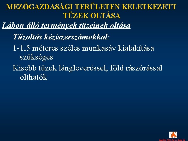 MEZŐGAZDASÁGI TERÜLETEN KELETKEZETT TÜZEK OLTÁSA Lábon álló termények tüzeinek oltása Tűzoltás kéziszerszámokkal: 1 -1,