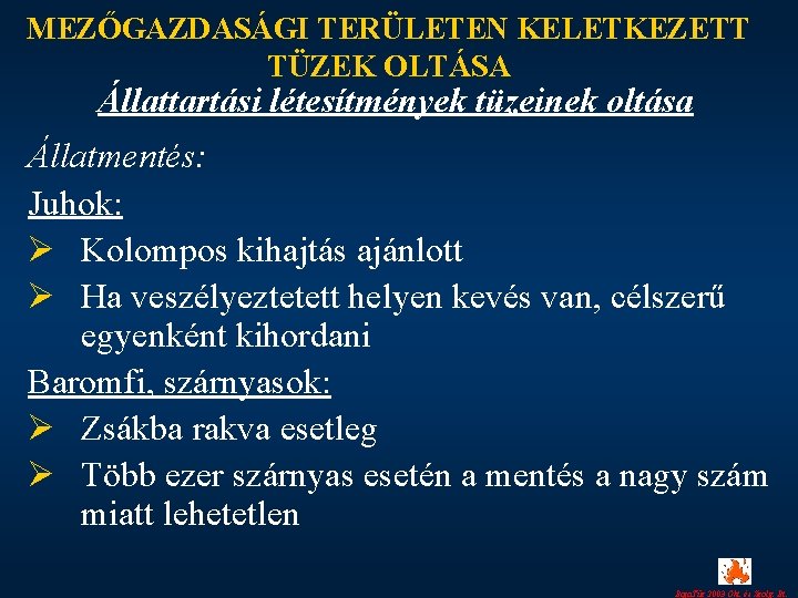 MEZŐGAZDASÁGI TERÜLETEN KELETKEZETT TÜZEK OLTÁSA Állattartási létesítmények tüzeinek oltása Állatmentés: Juhok: Ø Kolompos kihajtás