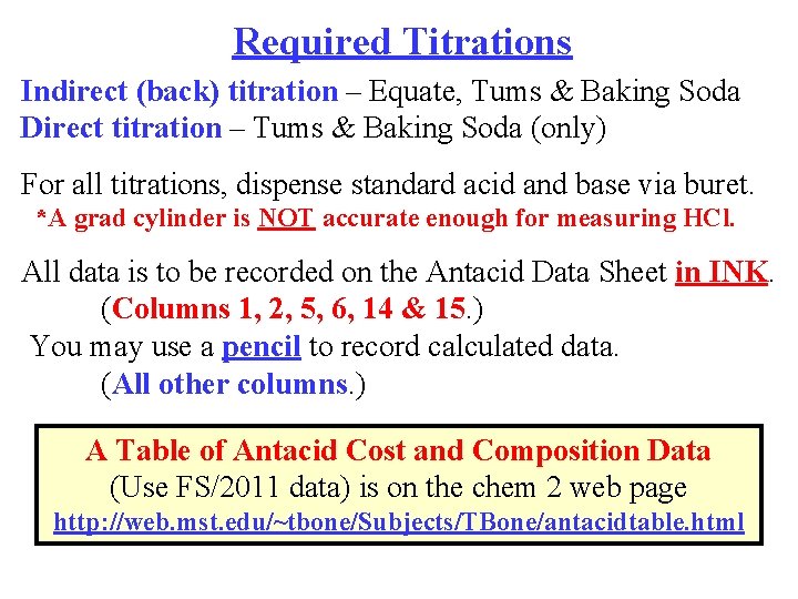 Required Titrations Indirect (back) titration – Equate, Tums & Baking Soda Direct titration –