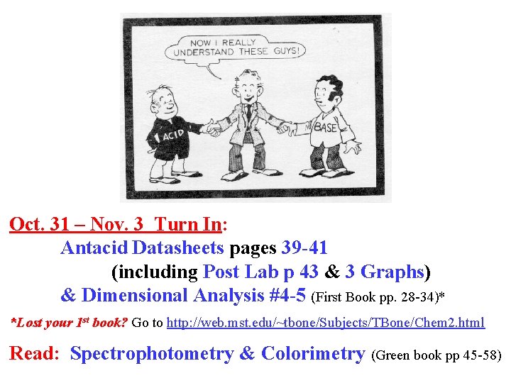 Oct. 31 – Nov. 3 Turn In: Antacid Datasheets pages 39 -41 (including Post