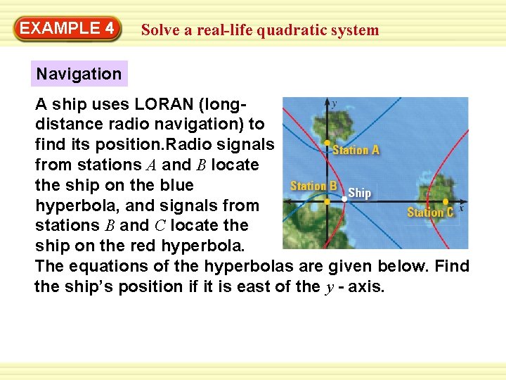 EXAMPLE 4 Solve a real-life quadratic system Navigation A ship uses LORAN (longdistance radio