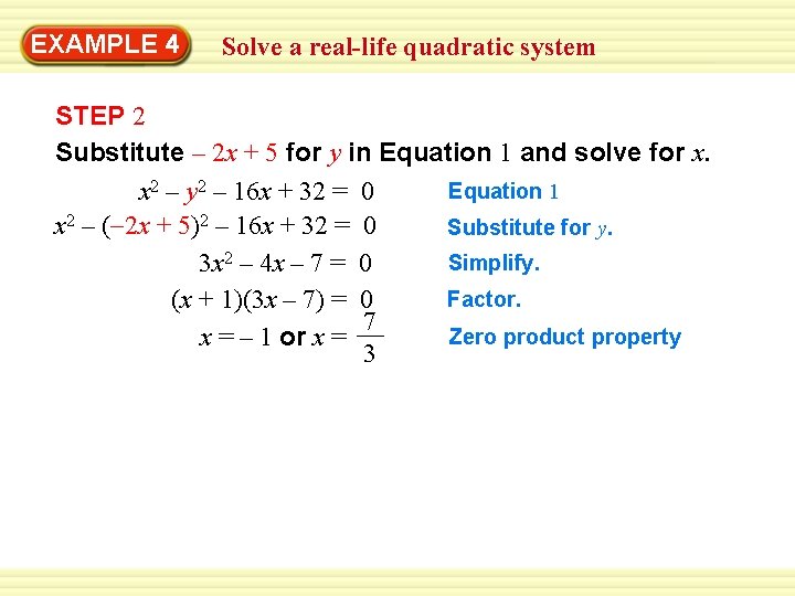 EXAMPLE 4 Solve a real-life quadratic system STEP 2 Substitute – 2 x +