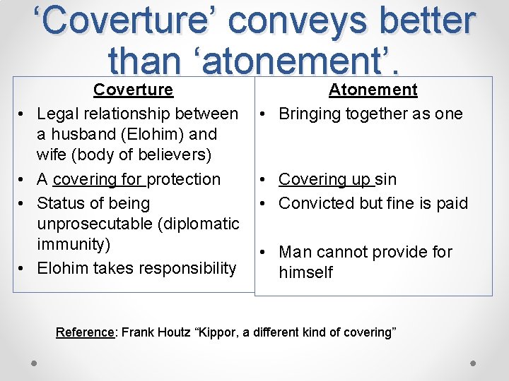 ‘Coverture’ conveys better than ‘atonement’. • • Coverture Legal relationship between a husband (Elohim)