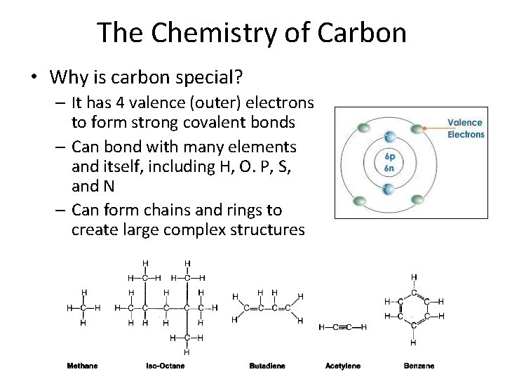 The Chemistry of Carbon • Why is carbon special? – It has 4 valence