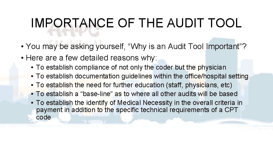 IMPORTANCE OF THE AUDIT TOOL • You may be asking yourself, “Why is an