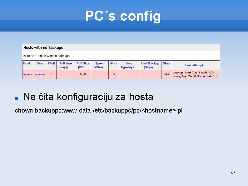 PC´s config Ne čita konfiguraciju za hosta chown backuppc: www-data /etc/backuppc/pc/<hostname>. pl 67 