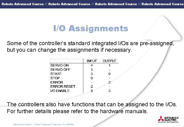 Robots Advanced Course /// Robots Advanced Course I/O Assignments Some of the controller’s standard