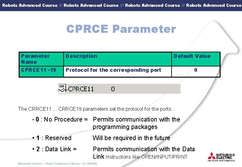 Robots Advanced Course /// Robots Advanced Course CPRCE Parameter Name Description CPRCE 11 -19