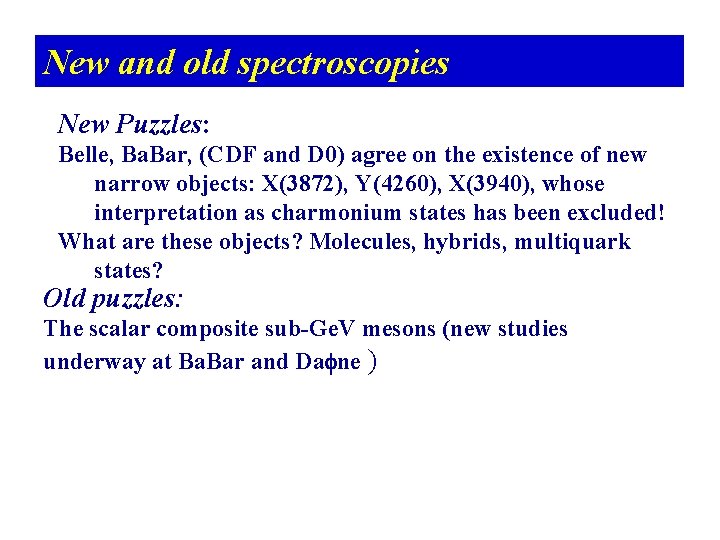 New and old spectroscopies New Puzzles: Belle, Ba. Bar, (CDF and D 0) agree