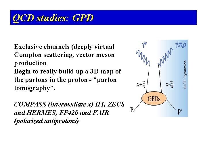 QCD studies: GPD Exclusive channels (deeply virtual Compton scattering, vector meson production Begin to