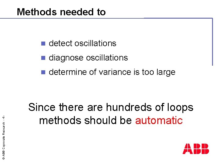 © ABB Coprorate Research - 4 - Methods needed to n detect oscillations n
