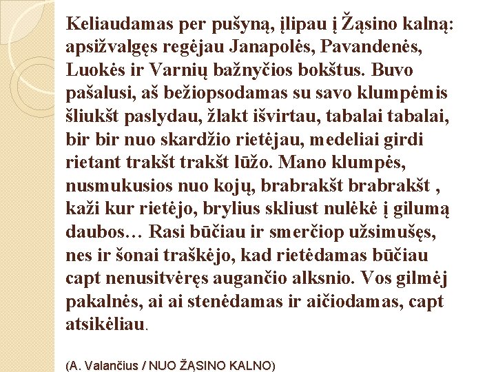 Keliaudamas per pušyną, įlipau į Žąsino kalną: apsižvalgęs regėjau Janapolės, Pavandenės, Luokės ir Varnių