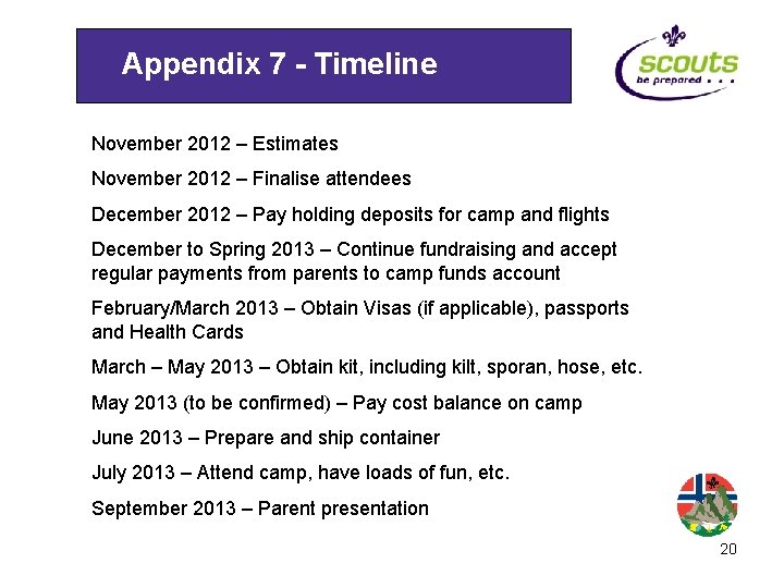 Appendix 7 - Timeline November 2012 – Estimates November 2012 – Finalise attendees December