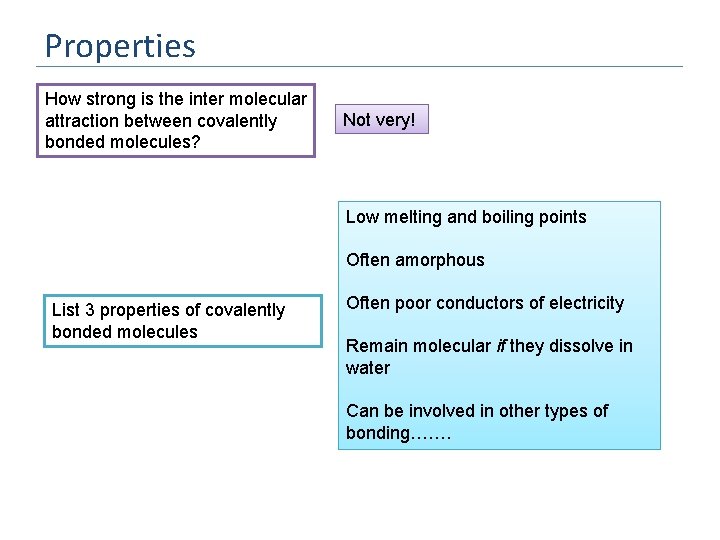Properties How strong is the inter molecular attraction between covalently bonded molecules? Not very!