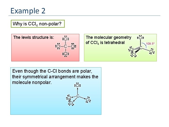 Example 2 Why is CCl 4 non-polar? The lewis structure is: The molecular geometry