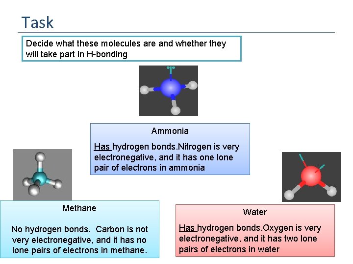 Task Decide what these molecules are and whether they will take part in H-bonding
