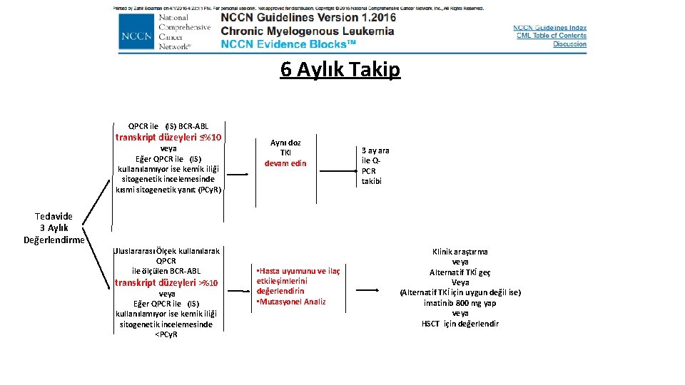 6 Aylık Takip QPCR ile (IS) BCR-ABL transkript düzeyleri ≤%10 veya Eğer QPCR ile