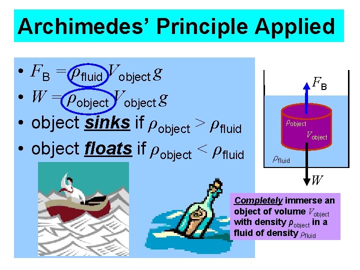 Archimedes’ Principle Applied • • FB = ρfluid Vobject g W = ρobject Vobject