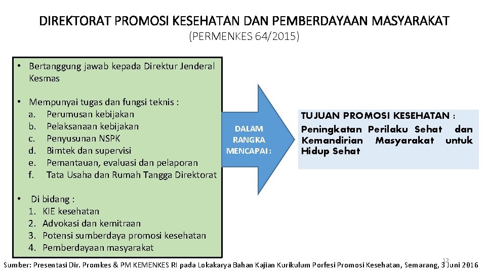 DIREKTORAT PROMOSI KESEHATAN DAN PEMBERDAYAAN MASYARAKAT (PERMENKES 64/2015) • Bertanggung jawab kepada Direktur Jenderal