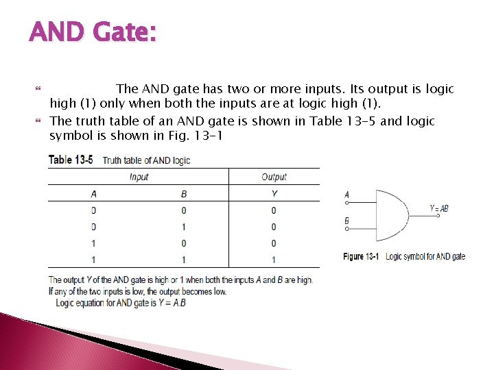 AND Gate: The AND gate has two or more inputs. Its output is logic AND Gate: The AND gate has two or more inputs. Its output is logic