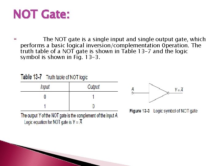 NOT Gate: The NOT gate is a single input and single output gate, which