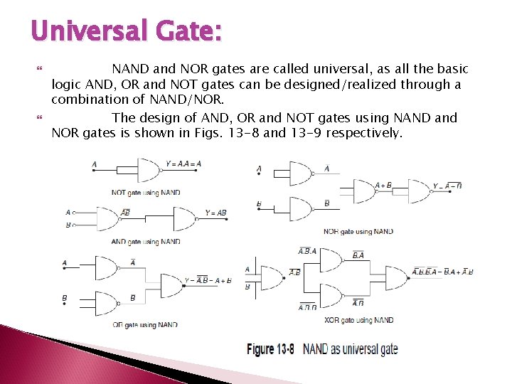 Universal Gate: NAND and NOR gates are called universal, as all the basic logic