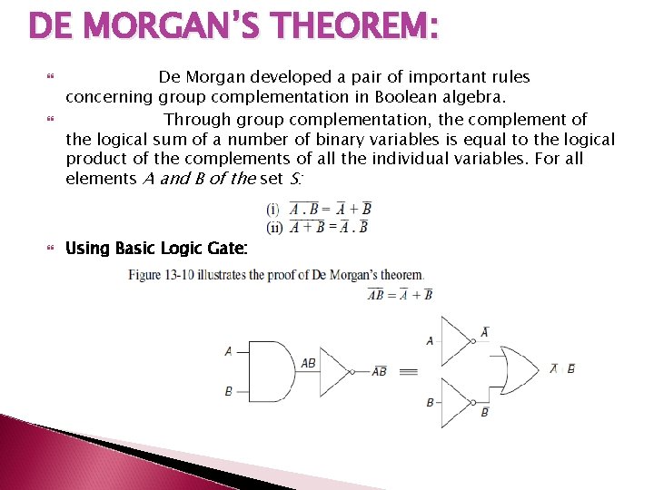 DE MORGAN’S THEOREM: De Morgan developed a pair of important rules concerning group complementation DE MORGAN’S THEOREM: De Morgan developed a pair of important rules concerning group complementation