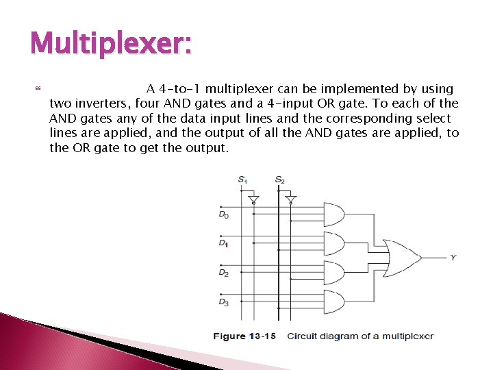 Multiplexer: A 4 -to-1 multiplexer can be implemented by using two inverters, four AND Multiplexer: A 4 -to-1 multiplexer can be implemented by using two inverters, four AND