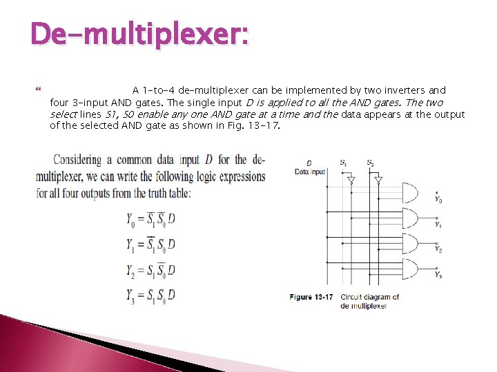 De-multiplexer: A 1 -to-4 de-multiplexer can be implemented by two inverters and four 3