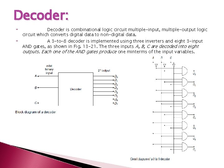 Decoder: Decoder is combinational logic circuit multiple-input, multiple-output logic circuit which converts digital data