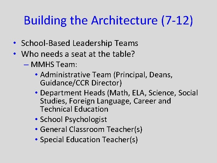 Building the Architecture (7 -12) • School-Based Leadership Teams • Who needs a seat