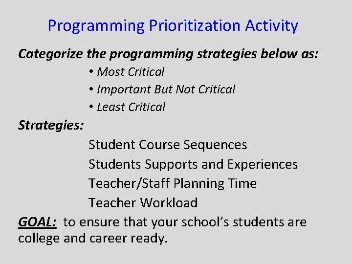 Programming Prioritization Activity Categorize the programming strategies below as: • Most Critical • Important