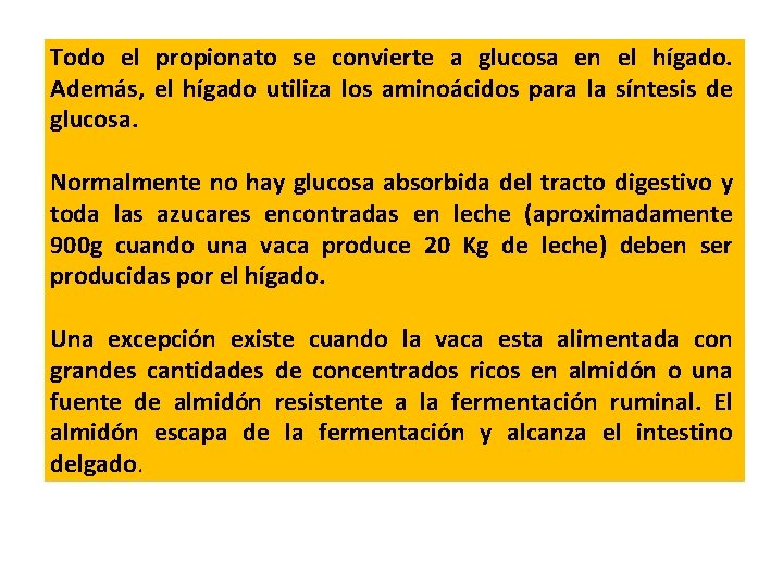 Todo el propionato se convierte a glucosa en el hígado. Además, el hígado utiliza