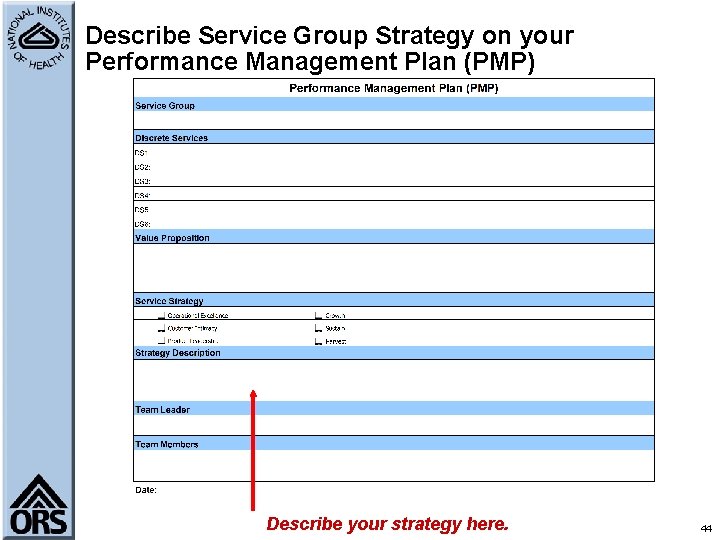 Describe Service Group Strategy on your Performance Management Plan (PMP) Describe your strategy here.