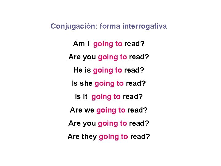 Conjugación: forma interrogativa Am I going to read? Are you going to read? He