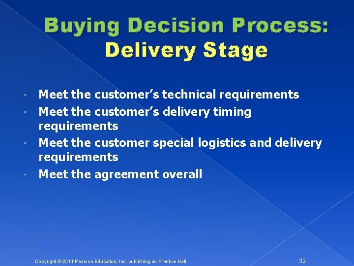 Buying Decision Process: Delivery Stage Meet the customer’s technical requirements Meet the customer’s delivery