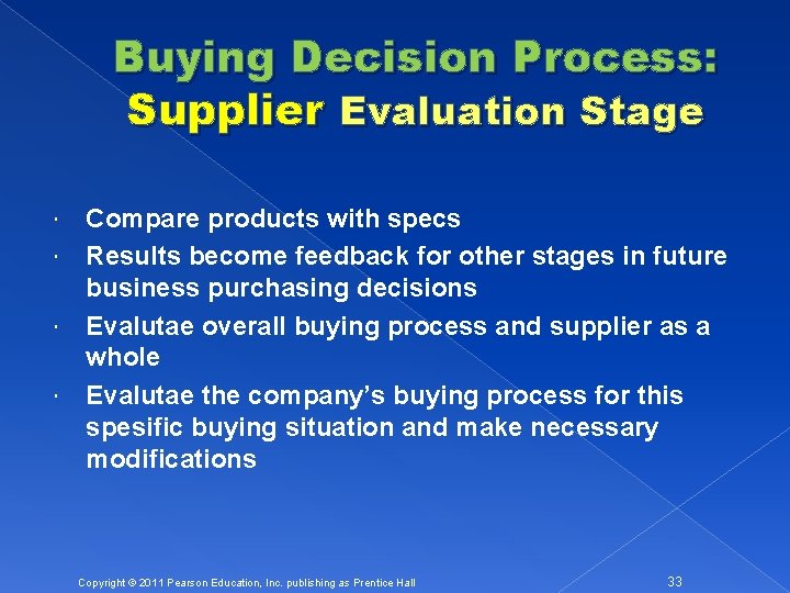 Buying Decision Process: Supplier Evaluation Stage Compare products with specs Results become feedback for