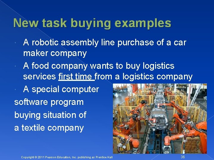 New task buying examples A robotic assembly line purchase of a car maker company