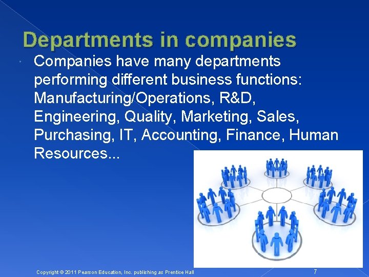 Departments in companies Companies have many departments performing different business functions: Manufacturing/Operations, R&D, Engineering,
