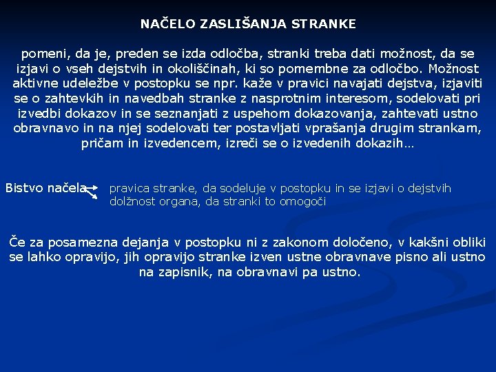 NAČELO ZASLIŠANJA STRANKE pomeni, da je, preden se izda odločba, stranki treba dati možnost,