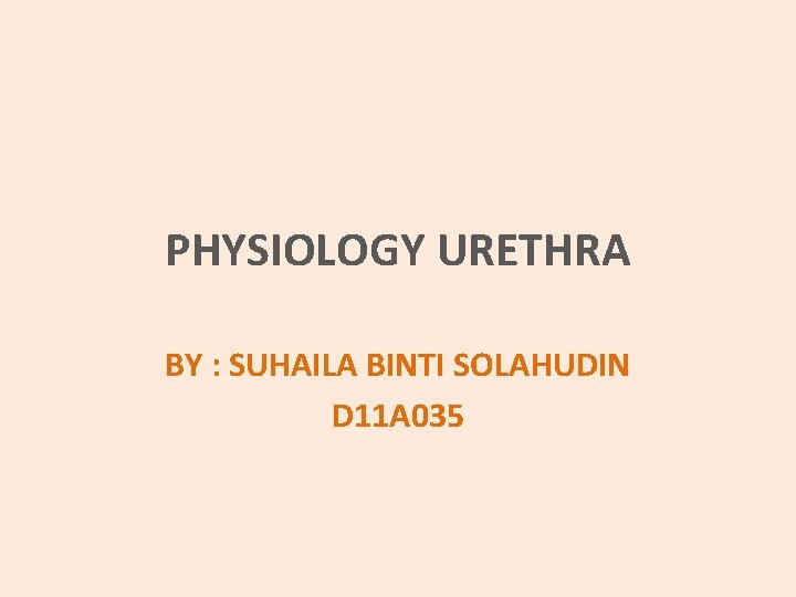 PHYSIOLOGY URETHRA BY : SUHAILA BINTI SOLAHUDIN D 11 A 035 