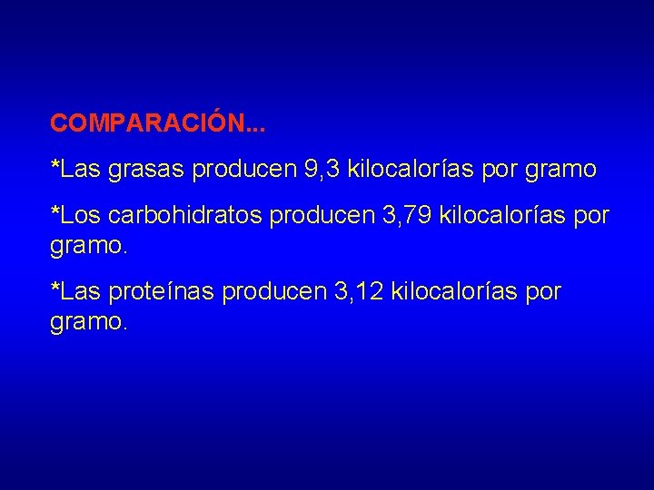 COMPARACIÓN. . . *Las grasas producen 9, 3 kilocalorías por gramo *Los carbohidratos producen