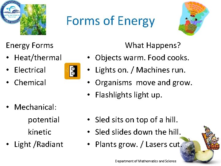 Forms of Energy Forms • Heat/thermal • Electrical • Chemical • Mechanical: potential kinetic Forms of Energy Forms • Heat/thermal • Electrical • Chemical • Mechanical: potential kinetic
