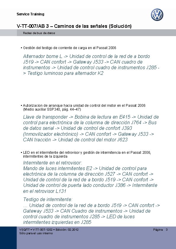 Service Training V-TT-007/AB 3 – Caminos de las señales (Solución) Redes de bus de