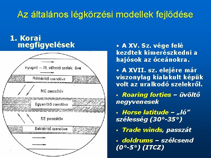 Az általános légkörzési modellek fejlődése 1. Korai megfigyelések • A XV. Sz. vége felé