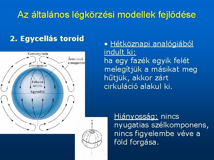 Az általános légkörzési modellek fejlődése 2. Egycellás toroid • Hétköznapi analógiából indult ki: ha