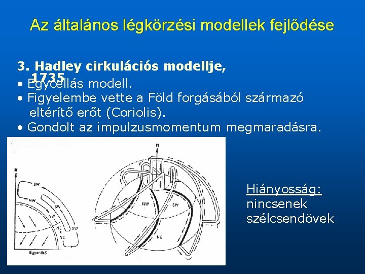 Az általános légkörzési modellek fejlődése 3. Hadley cirkulációs modellje, 1735 • Egycellás modell. •
